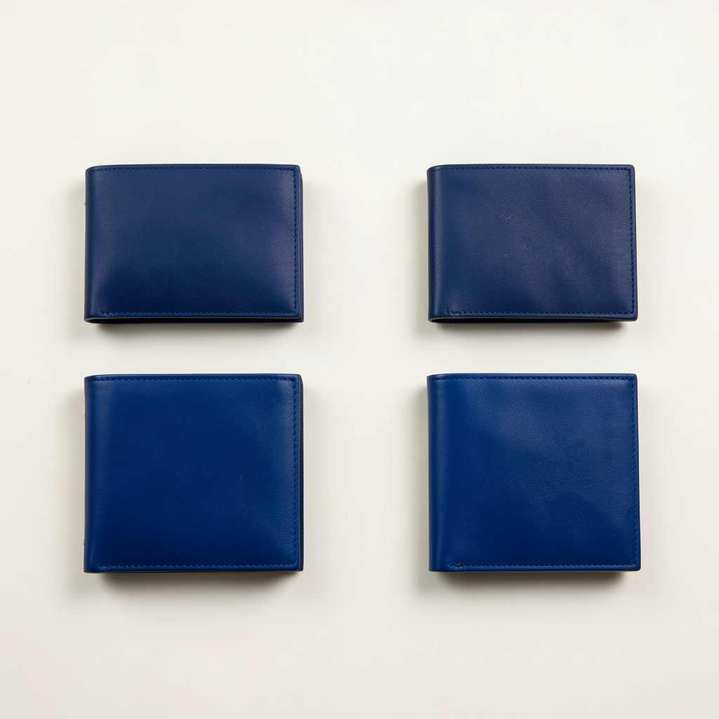 Calm product photograph of leather wallet arrangements on a pale surface