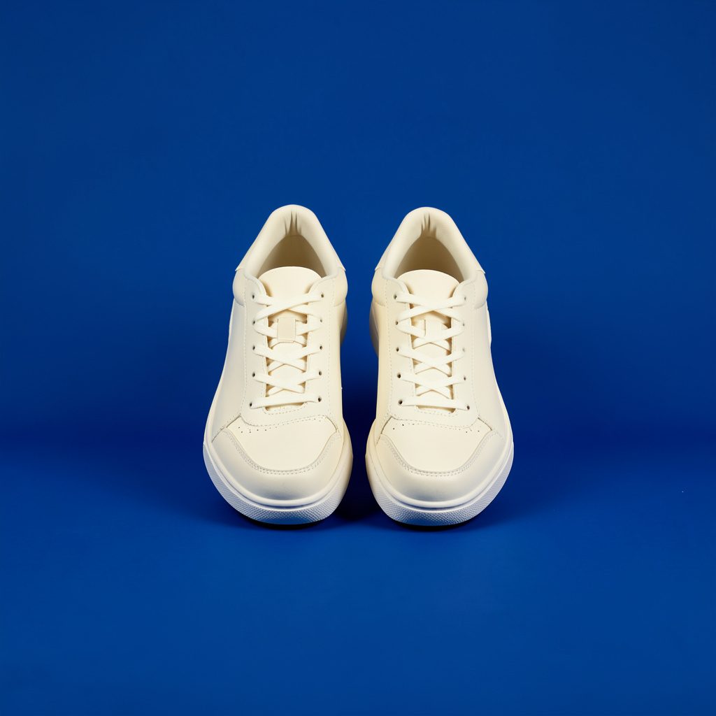 Studio product still life of a pair of sneakers in cream tones
