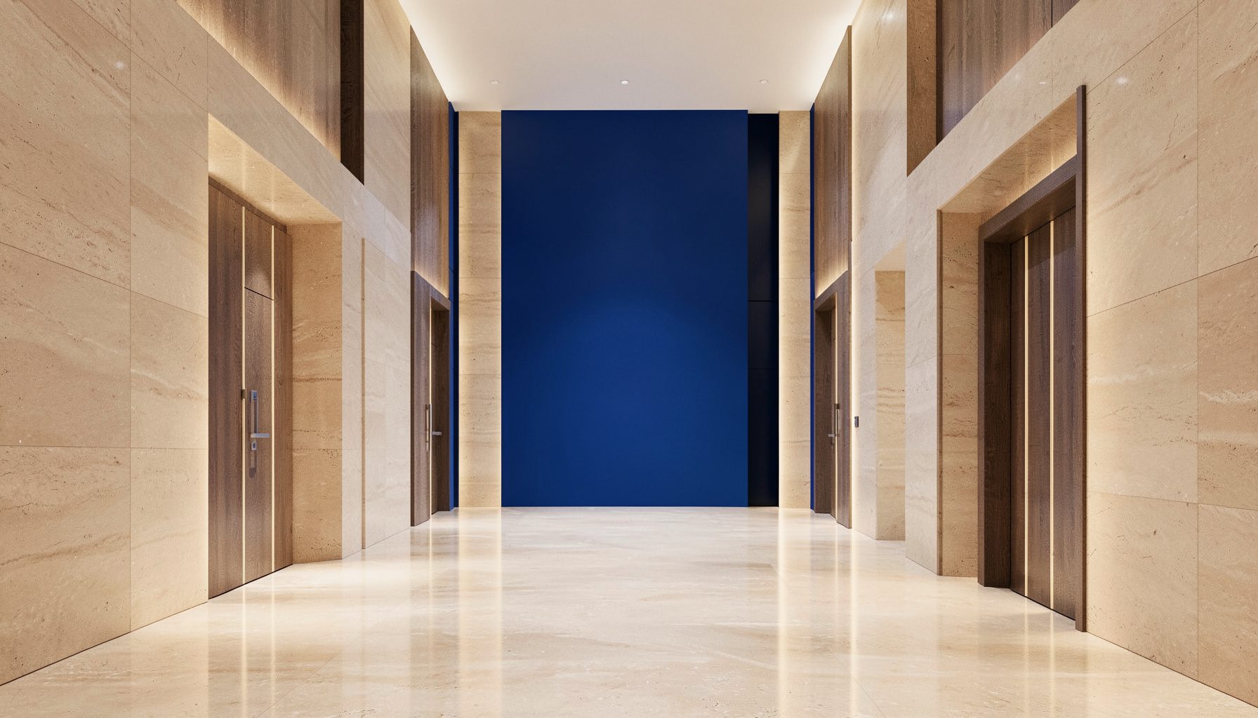 Clean architectural photograph of a symmetrical modern lobby with soft warm lighting and polished beige stone, conveying quiet luxury