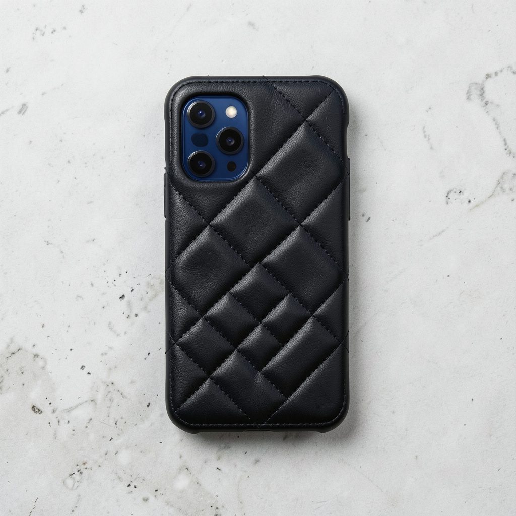 Black quilted leather-look phone case photographed on a light stone surface, even overhead lighting, monochrome tones
